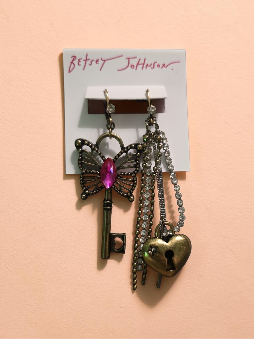 Betsey Johnson Pink and Orange Butterfly Or Butterfly Key Drop Earrings - Picture 2 of 3